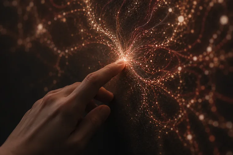 A fingertip touching a glowing network of light