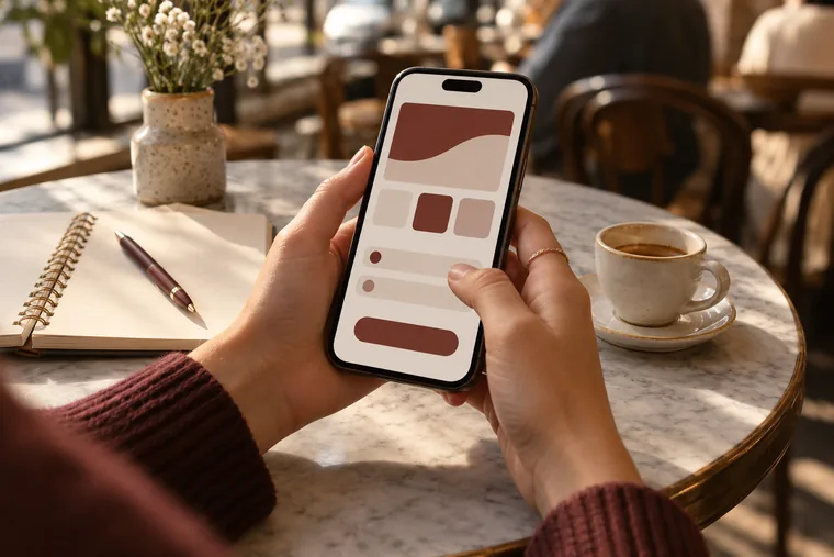 Using a mobile app at a café table