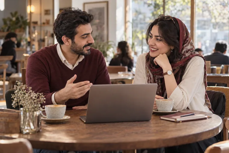 Two people talking through a project over a laptop in a café