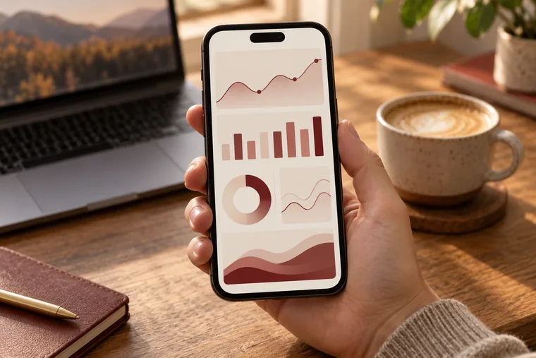 A phone showing a finance dashboard on a wooden desk