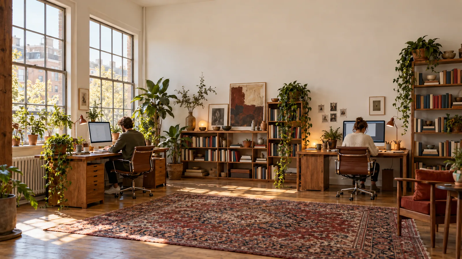 A bright software studio with wooden desks, plants and a Persian rug