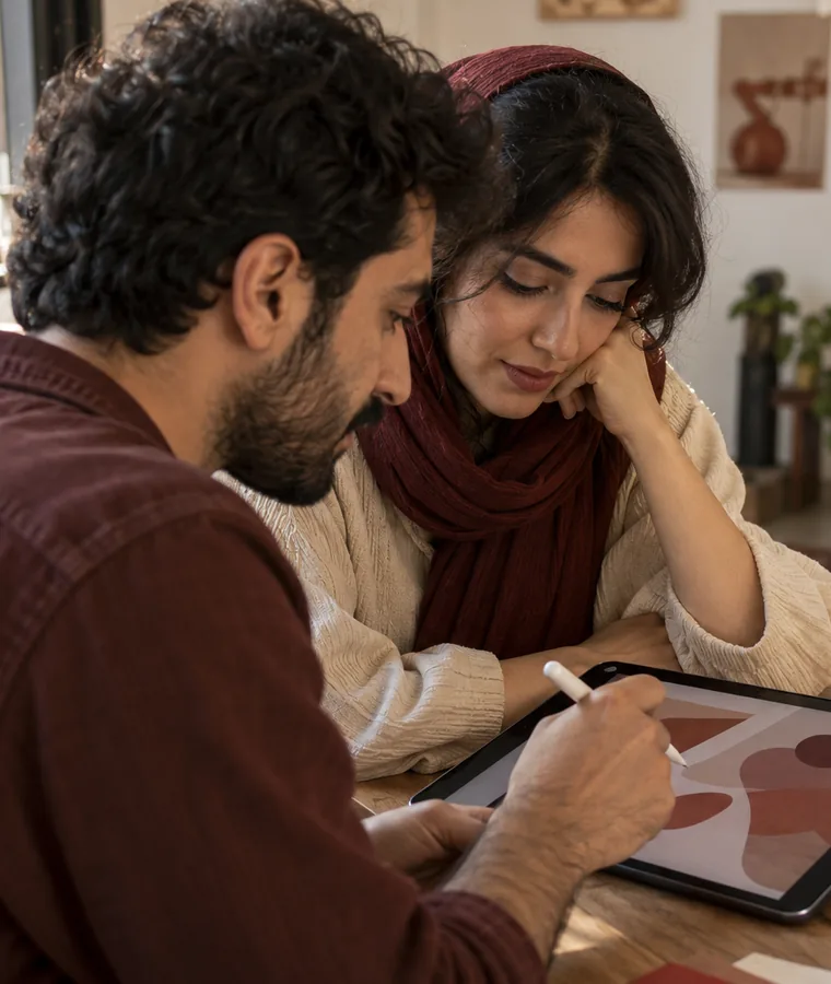 Two colleagues discussing a design together on a tablet