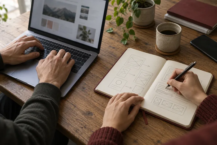 A developer typing and a designer sketching side by side at one desk