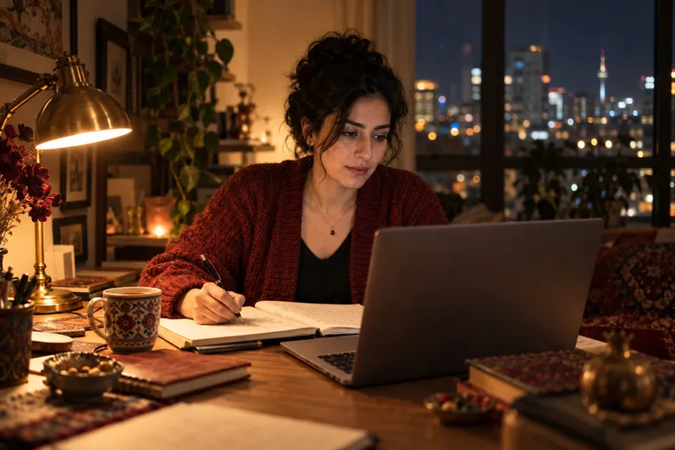 Working late at home under a warm desk lamp, city lights behind