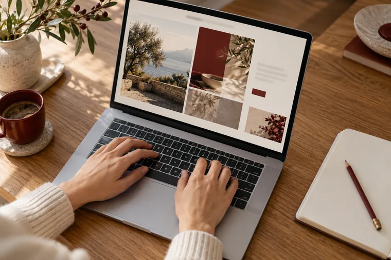 Hands typing on a laptop showing a website layout