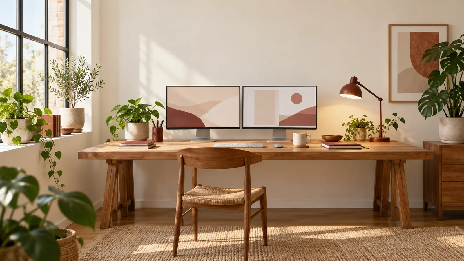 A calm workspace with two monitors, plants and natural light